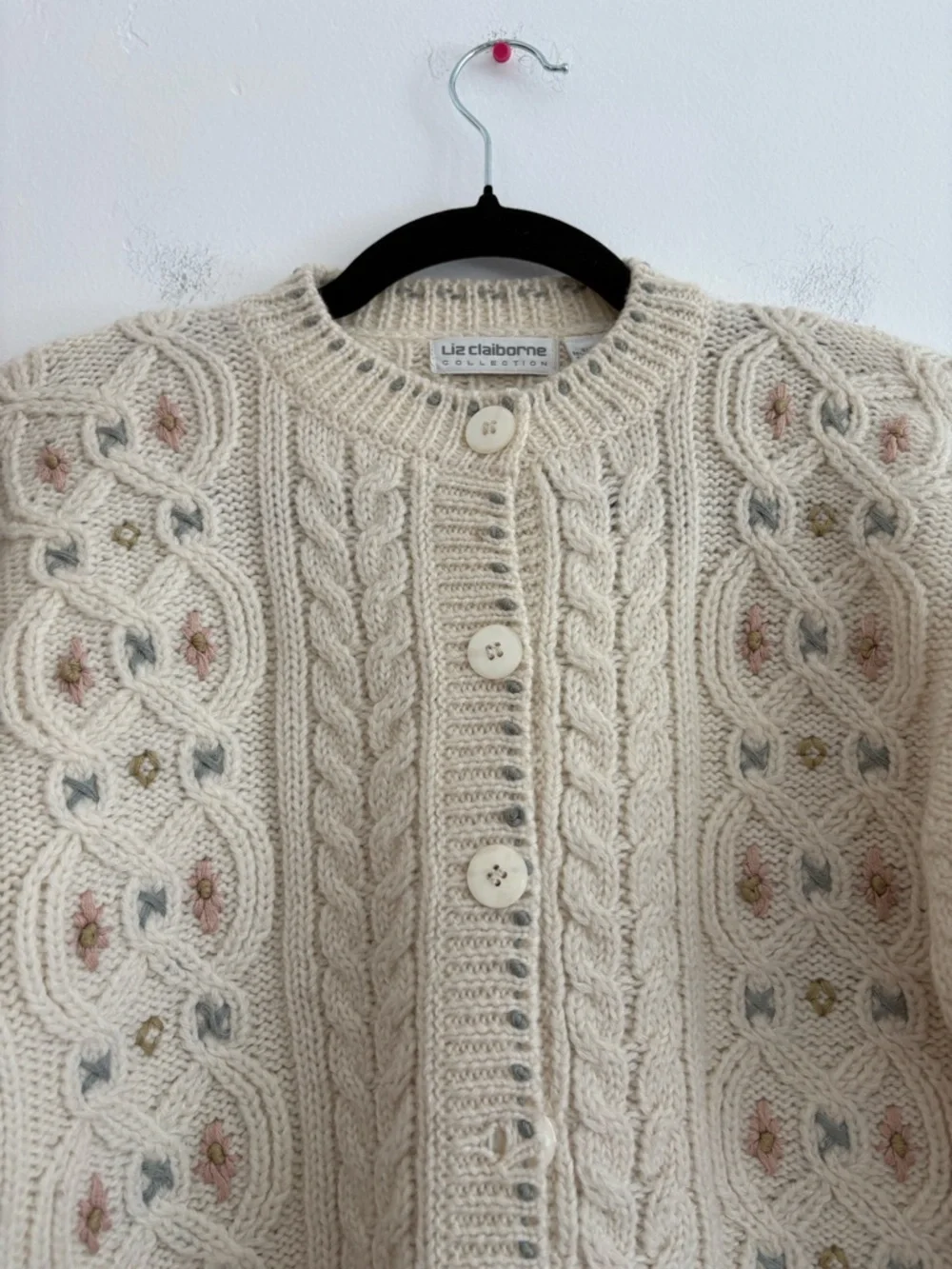 Vintage Liz Claiborne Wool Blend Floral Cardigan Button Up Cottage Embroidered - Picture 2 of 9